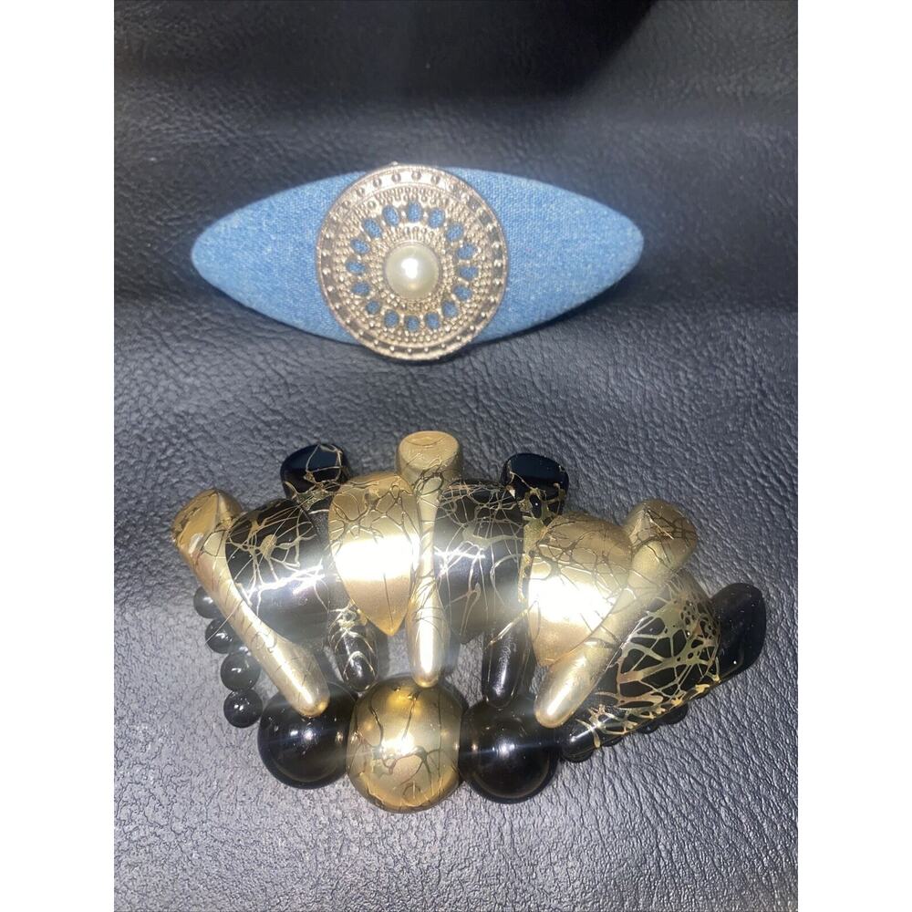 Vintage 1980's Pair Of Hair Clips Barrettes Gold / Black And Denim